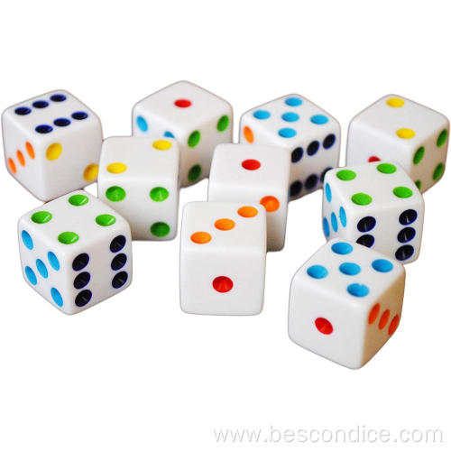 Six Sided Dice 16mm Standard Solid Dice White with Multi-Color Pips Square Corner Dice Set for Board Games and Math Teaching